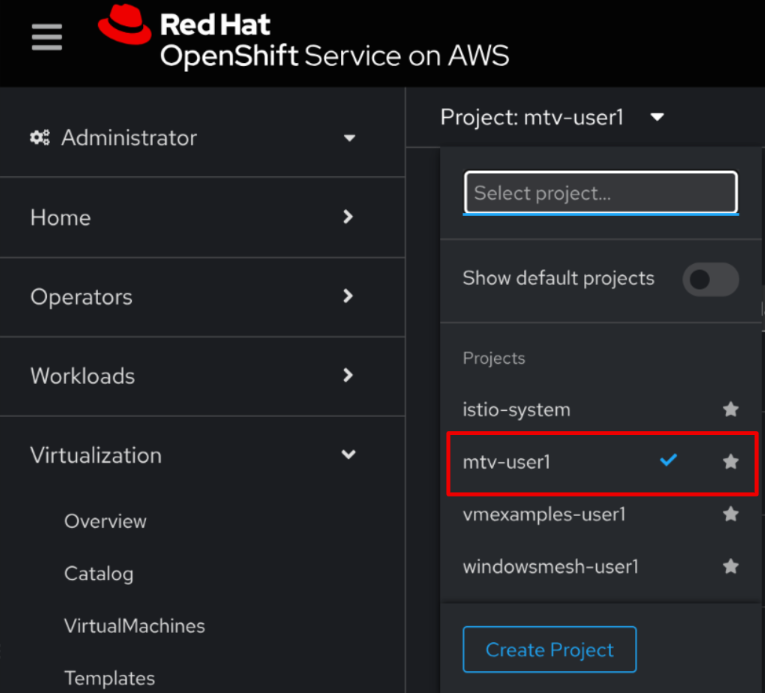 select project openshift mtv